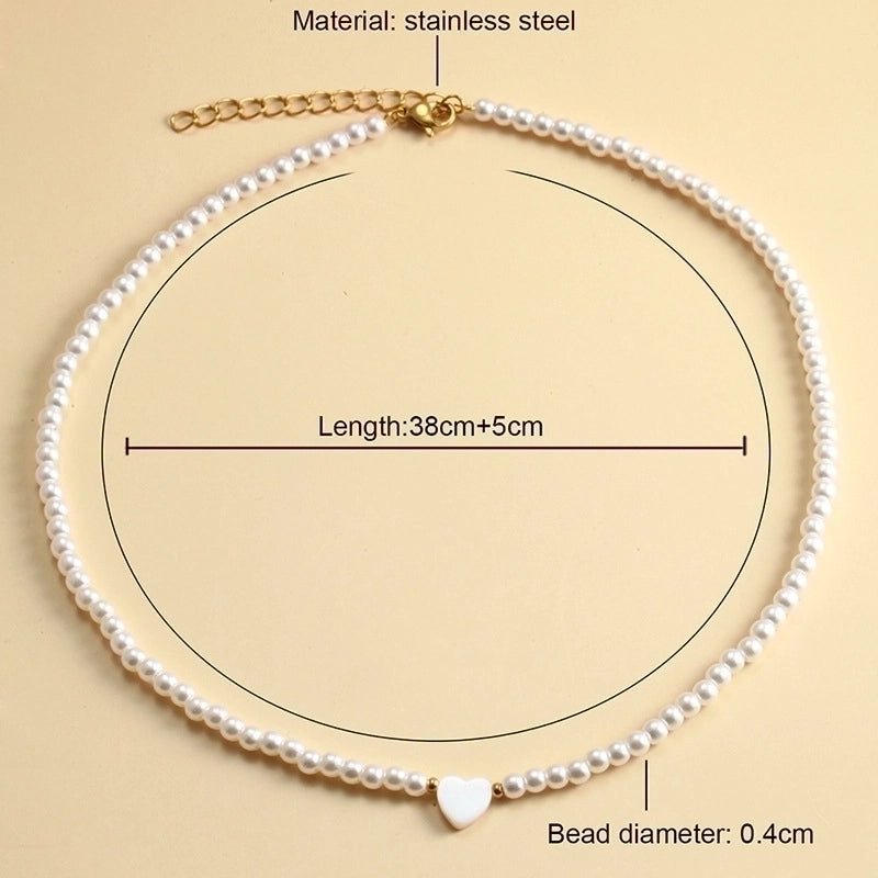 Lady Heart Shape Stainless Steel Imitation Pearl Shell Beaded Plating Necklace