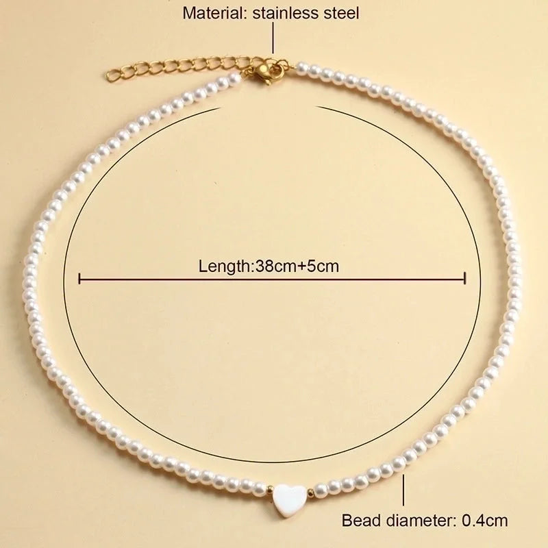 Lady Heart Shape Stainless Steel Imitation Pearl Shell Beaded Plating Necklace