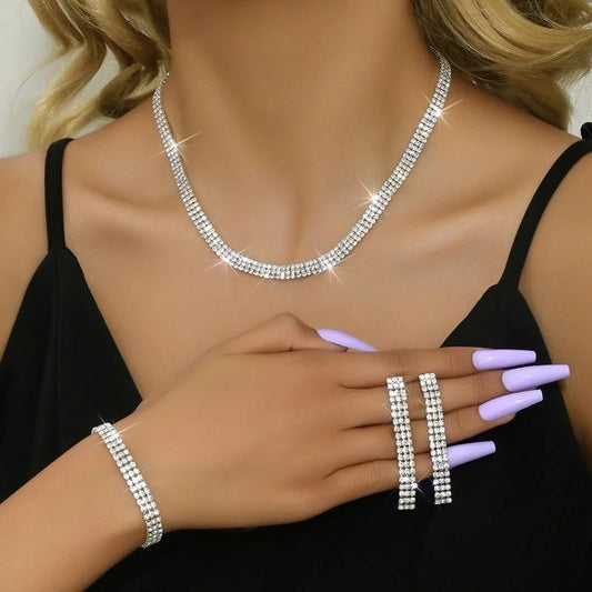 New Jewelry Simple Bridal Wedding Dress Bracelet Accessories Rhinestone Necklace Earrings Combination Set Chain Three-piece Set