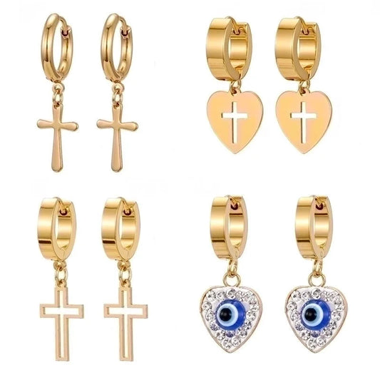 1 Pair Elegant Cross Heart Shape Enamel 201 Stainless Steel Alloy Dangling Earrings
