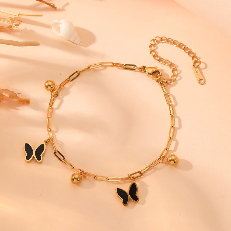 IG Style Sweet Star Heart Shape Butterfly Titanium Steel Acrylic 18K Gold Plated Inlay Bracelets Anklet