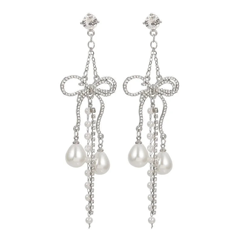 Fashion Tassel Heart Shape Bow Knot Imitation Pearl Copper Inlay Rhinestones Drop Earrings 1 Pair