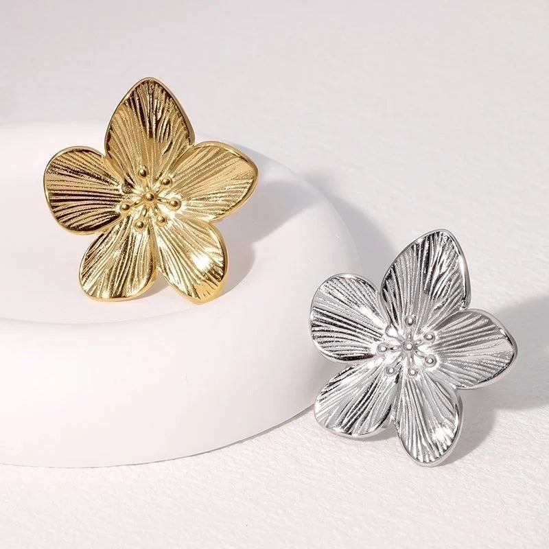 Elegant Vintage Style Flower 304 Stainless Steel 18K Gold Plated Open Rings