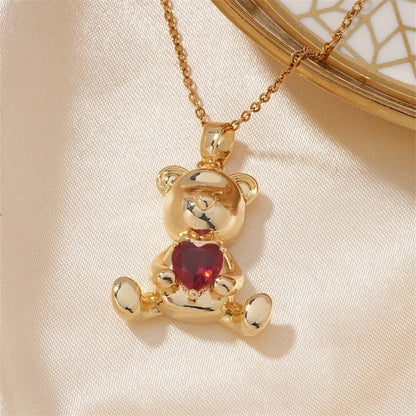 304 Stainless Steel Copper K Gold Plated Cute Sweet Korean Style Three-dimensional Inlay Little Bear Zircon Pendant Necklace