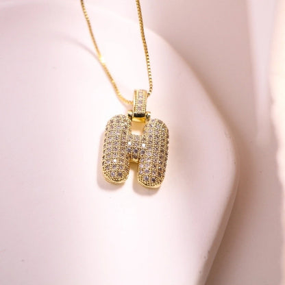 Vintage Style Letter Copper Plating Inlay Zircon 18k Gold Plated Pendant Necklace