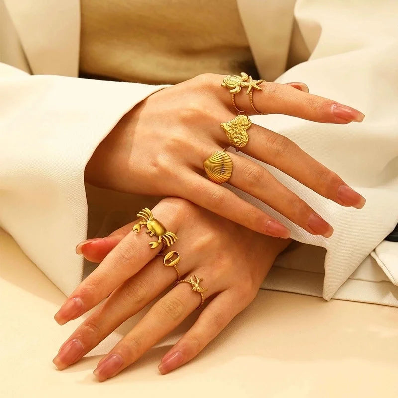 Marine Style Minimalist Starfish Crab Shell Titanium Steel 18K Gold Plated Open Rings