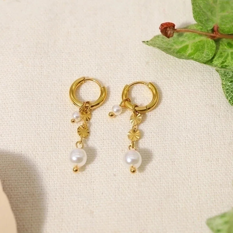 1 Pair IG Style Minimalist Round Pearl Plating 304 Stainless Steel Pearl 18K Gold Plated Drop Earrings