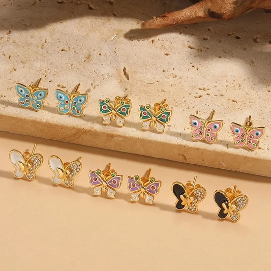 1 Pair Elegant Minimalist Commute Eye Butterfly Enamel Inlay Copper Zircon 14K Gold Plated Ear Studs