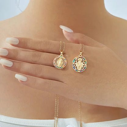 Vintage Style Classic Style Geometric Round Virgin Mary 304 Stainless Steel Copper Zircon K Gold Plated Inlay Pendant Necklace