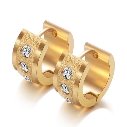 Minimalist Stainless Steel 18k Gold Plated Frosted Diamond Studded Hollow Round Earrings