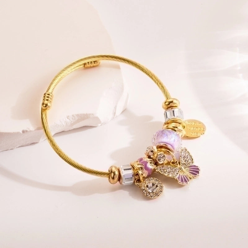Elegant Sweet Butterfly 304 Stainless Steel Alloy Gold Plated Rhinestones Bangle In Bulk