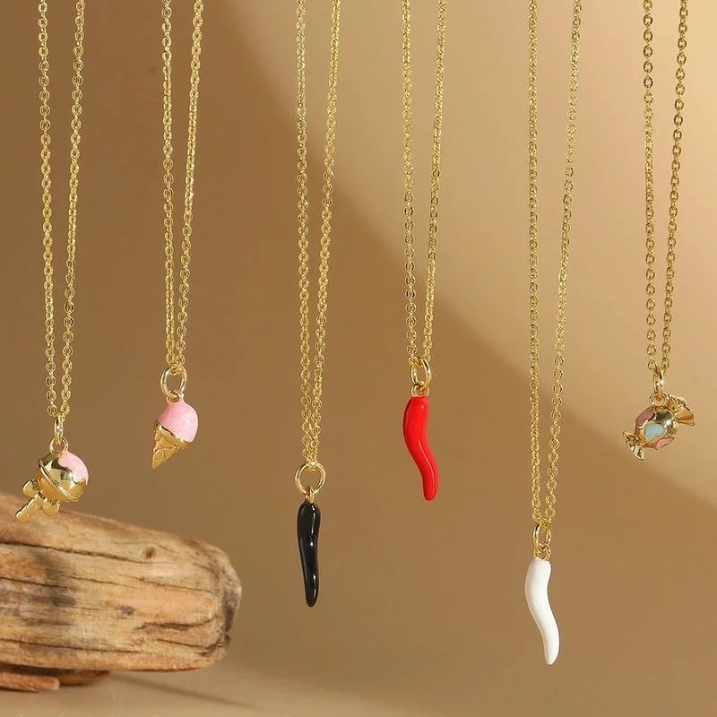 Copper Cable Chain 14K Gold Plated Enamel Ice Cream Lollipop Chili Necklace