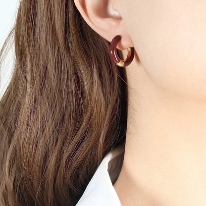 1 Pair Minimalist Round Enamel Plating 304 Stainless Steel 18K Gold Plated Hoop Earrings
