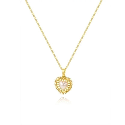 Ig Style Heart Shape Copper Plating Inlay Artificial Pearls Zircon 18k Gold Plated Pendant Necklace