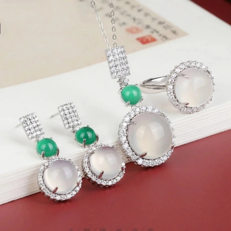 Temperament Fashion Natural Chalcedony Earring Ring Pendant Necklace Jewelry Set High Ice Complete Jade Three-piece Set
