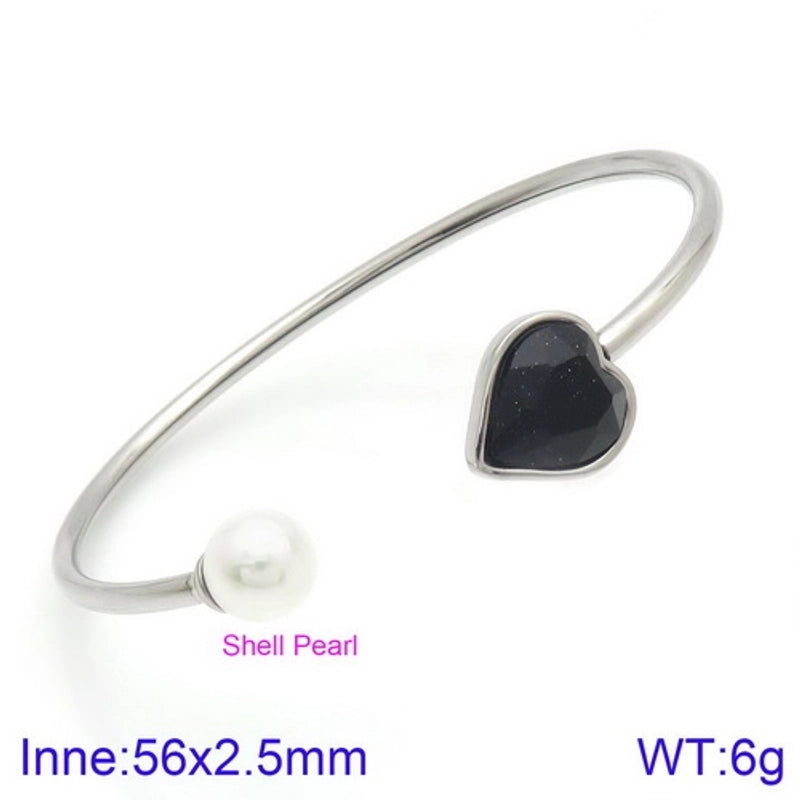 Modern Style Minimalist Heart Shape Stainless Steel Titanium Steel 18K Gold Plated Glass Stone Pearl Bangle In Bulk