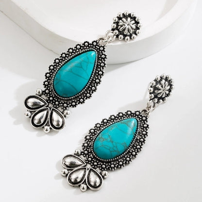 1 Pair Ethnic Style Classic Style Water Droplets Flower Inlay Alloy Turquoise Gold Plated Drop Earrings