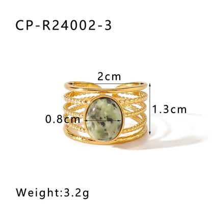 Vintage Style Modern Style Minimalist Oval 304 Stainless Steel Natural Stone 18K Gold Plated Hollow Out Inlay Open Rings