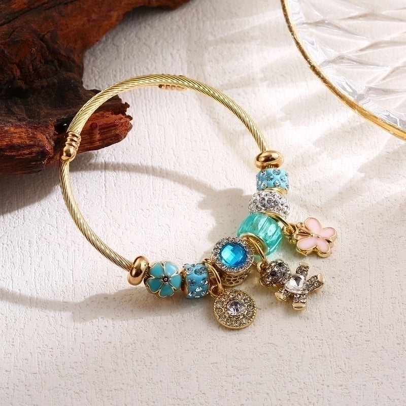 Elegant Cute Bear Heart Shape Butterfly 304 Stainless Steel Alloy Rhinestones Bangle In Bulk