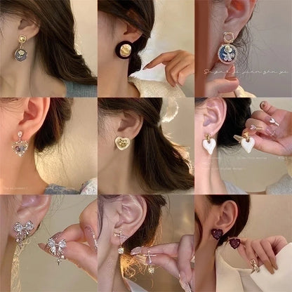 1 Pair Retro Heart Shape Bow Knot Inlay Silver Artificial Pearls Zircon Earrings