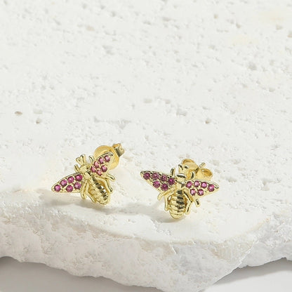 1 Pair Elegant Minimalist Commute Dragonfly Butterfly Enamel Inlay Copper Zircon 14K Gold Plated Ear Studs