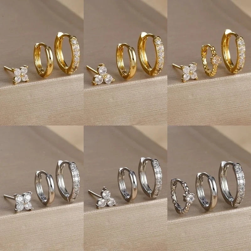 3 Pieces Set IG Style Minimalist Shiny Geometric Inlay Copper Zircon Earrings