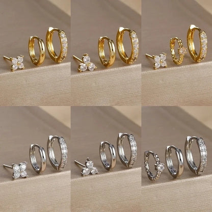 3 Pieces Set IG Style Minimalist Shiny Geometric Inlay Copper Zircon Earrings