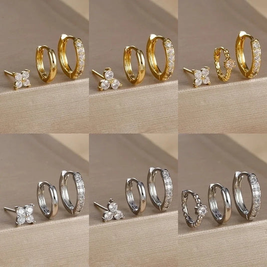 3 Pieces Set IG Style Minimalist Shiny Geometric Inlay Copper Zircon Earrings