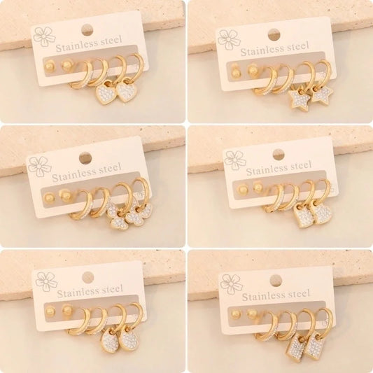 3 Pairs Minimalist Classic Style Heart Shape Butterfly Plating Inlay 304 Stainless Steel Zircon 18K Gold Plated Drop Earrings