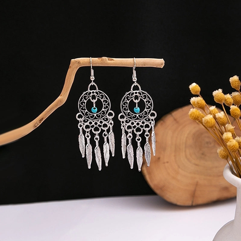 Bohemian Blue Turquoise National Style Earrings Imitation Miao Silver Metal Earrings Vintage Tassel Earrings