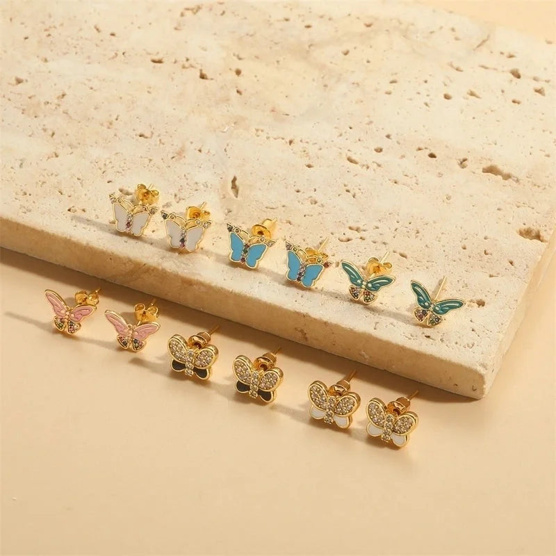 1 Pair Vintage Style Minimalist Commute Butterfly Enamel Inlay Copper Zircon 14K Gold Plated Ear Studs