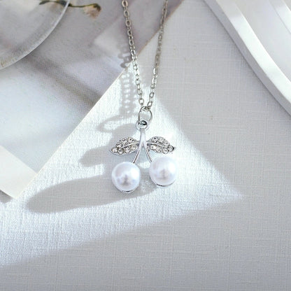Korean Style Cherry Titanium Steel Artificial Pearls Zircon Gold Plated Plating Inlay Pendant Necklace