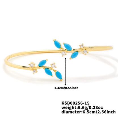 Copper K Gold Plated Shiny Metallic Inlay Geometric Leaf Zircon Bangle