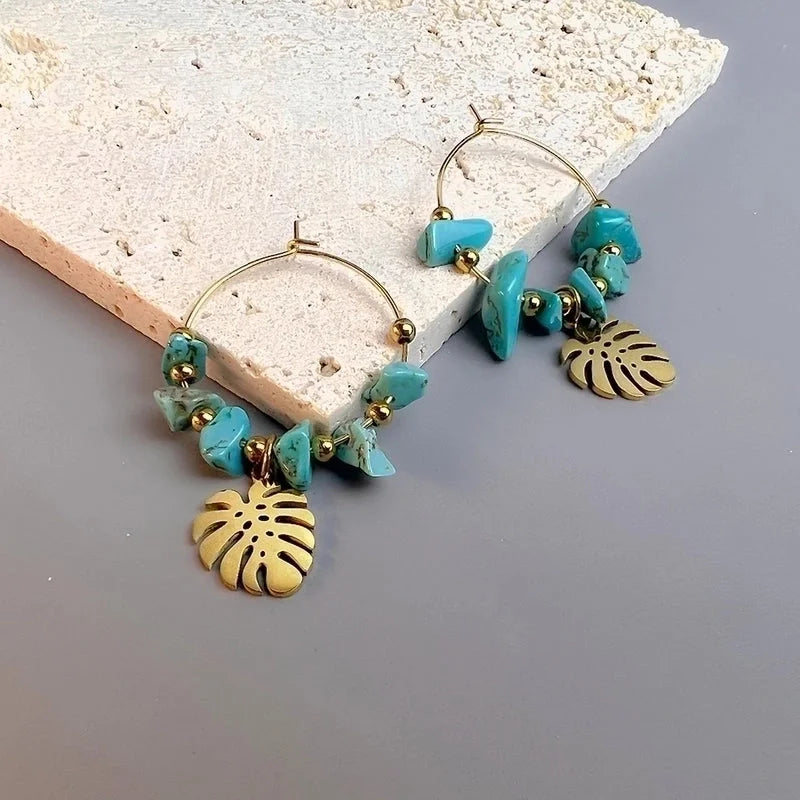 1 Pair Bohemian Leaf Sun Butterfly Stainless Steel Gravel Earrings