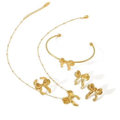 IG Style Sweet Bow Knot 304 Stainless Steel 18K Gold Plated Polishing Rings Earrings Necklace