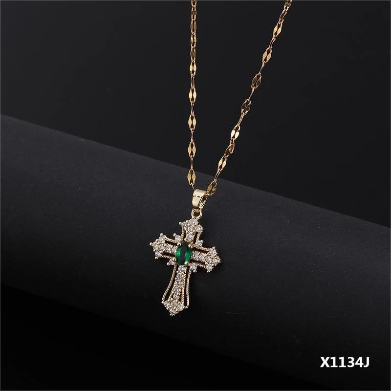 Copper Inlay Cross Zircon Pendant Necklace