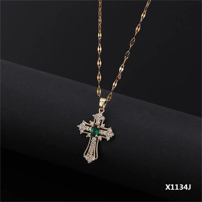 Copper Inlay Cross Zircon Pendant Necklace