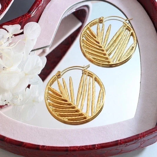 Ethnic Style Leaf Titanium Steel Hoop Earrings 1 Pair