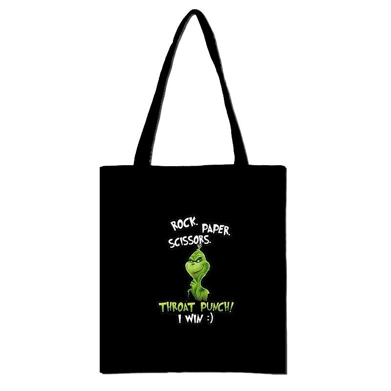 Christmas Peripheral Festival Handbag Canvas Bag Grinch Christmas Monster Green Fur Monster Printed Canvas Book Bag