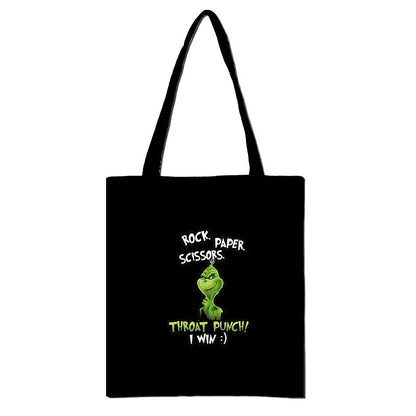 Christmas Peripheral Festival Handbag Canvas Bag Grinch Christmas Monster Green Fur Monster Printed Canvas Book Bag