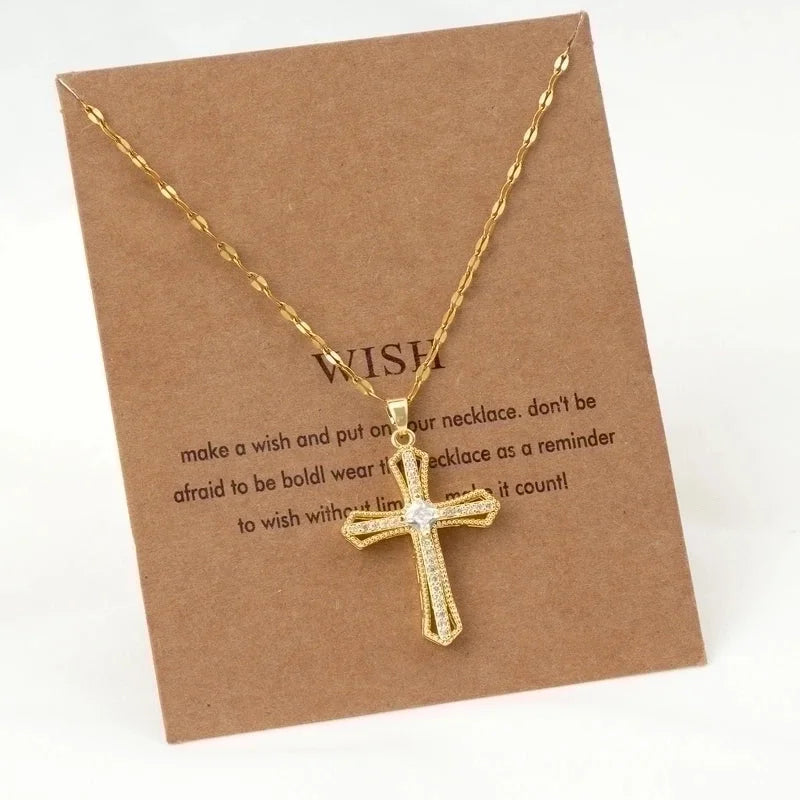 Stainless Steel 18K Gold Plated Vintage Style Plating Inlay Geometric Cross Rhinestones Pearl Zircon Pendant Necklace
