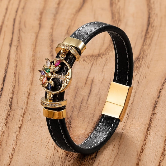 Cross-Border New Arrival Korean Style Color Tree Plant Pattern Stainless Steel Bracelet Men And Women Simple Handmade Woven Leather String Bracelet Couple Jewelry