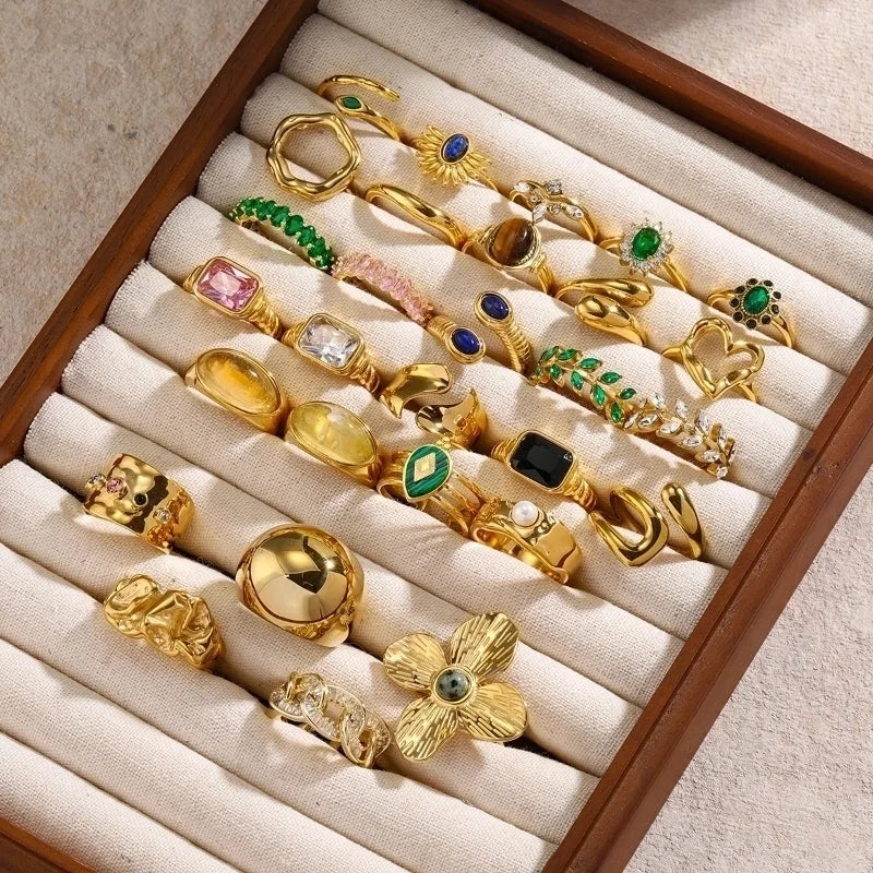 IG Style Geometric 304 Stainless Steel Artificial Pearls Zircon 18K Gold Plated Inlay Open Rings Rings