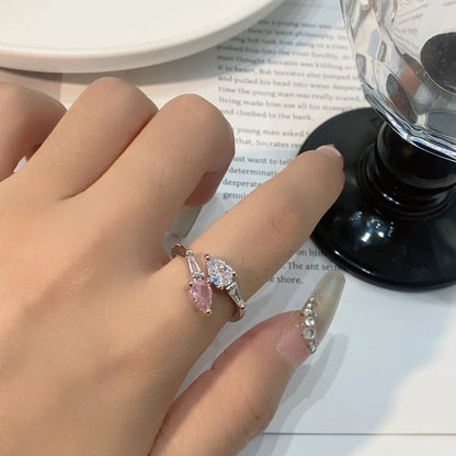 Sweet Geometric Heart Shape Bow Knot Copper Plating Inlay Zircon Open Rings