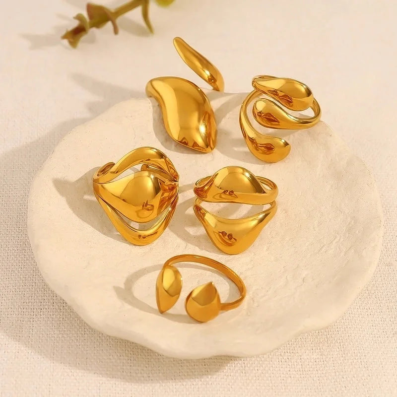 IG Style Vacation French Style Geometric Water Droplets 304 Stainless Steel 18K Gold Plated Open Rings