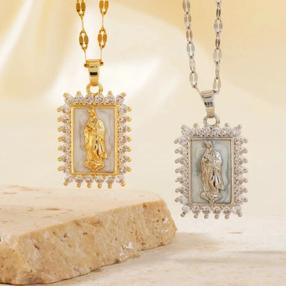 Vintage Style Religion Artistic Round Virgin Mary 304 Stainless Steel Copper Zircon K Gold Plated Inlay Pendant Necklace