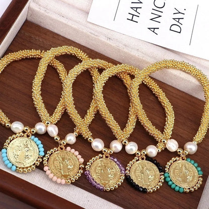 Copper 18K Gold Plated Handmade Pearl Human Round Virgin Mary Crystal Bracelets