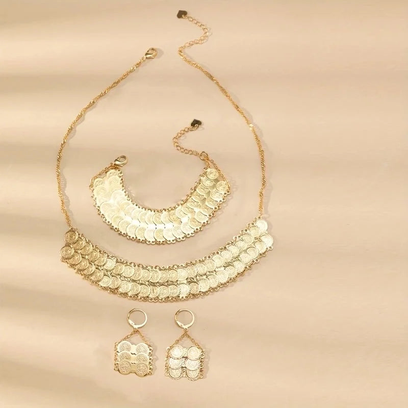 Classical Vintage Style Minimalist Coin Copper Plating 18k Gold Plated Bracelets Earrings Necklace