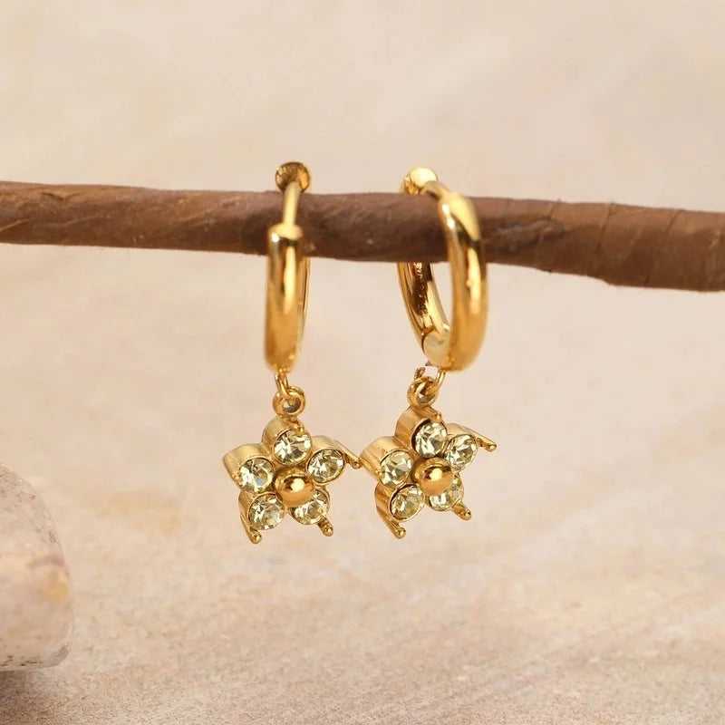 1 Pair Elegant Flower Plating Inlay 304 Stainless Steel Rhinestones 18K Gold Plated Drop Earrings