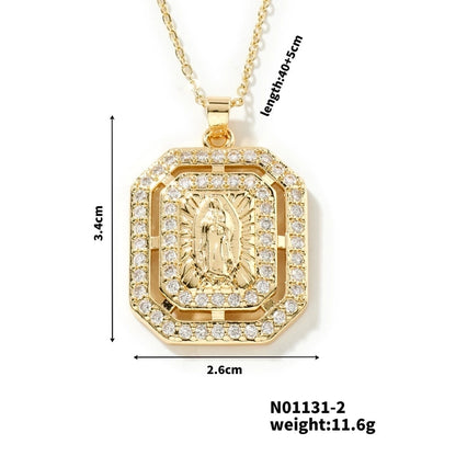 Vintage Style Classic Style Geometric Round Virgin Mary 304 Stainless Steel Copper Zircon K Gold Plated Inlay Pendant Necklace